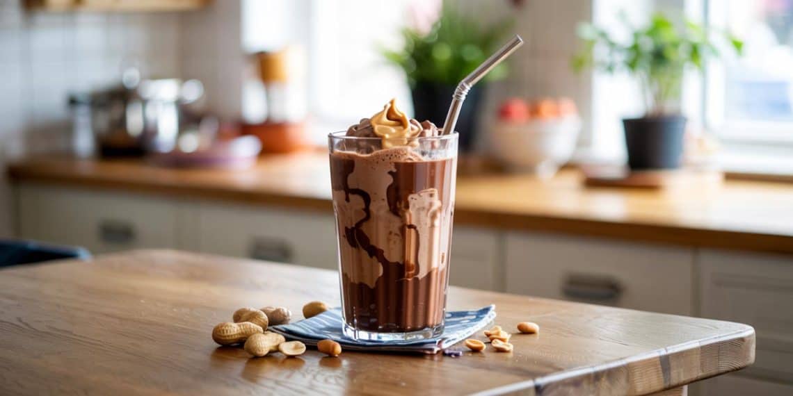 A creamy chocolate peanut butter smoothie in a clear glass