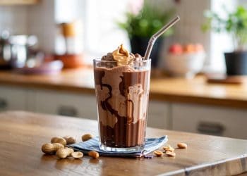 A creamy chocolate peanut butter smoothie in a clear glass