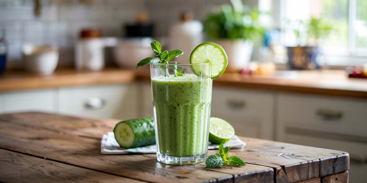 Refreshing Cucumber Lime Keto Smoothie in a glass with lime and cucumber garnish