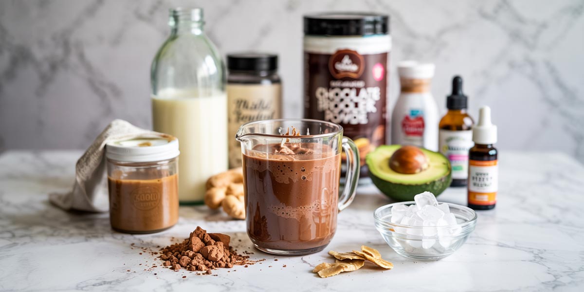 all ingredients for a keto chocolate peanut butter smoothie