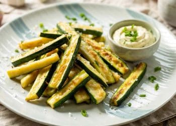 crispy parmesan zucchini fries arranged on a white plate