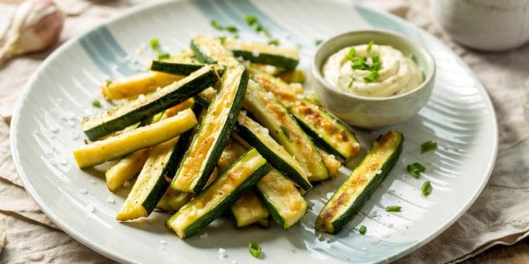 crispy parmesan zucchini fries arranged on a white plate