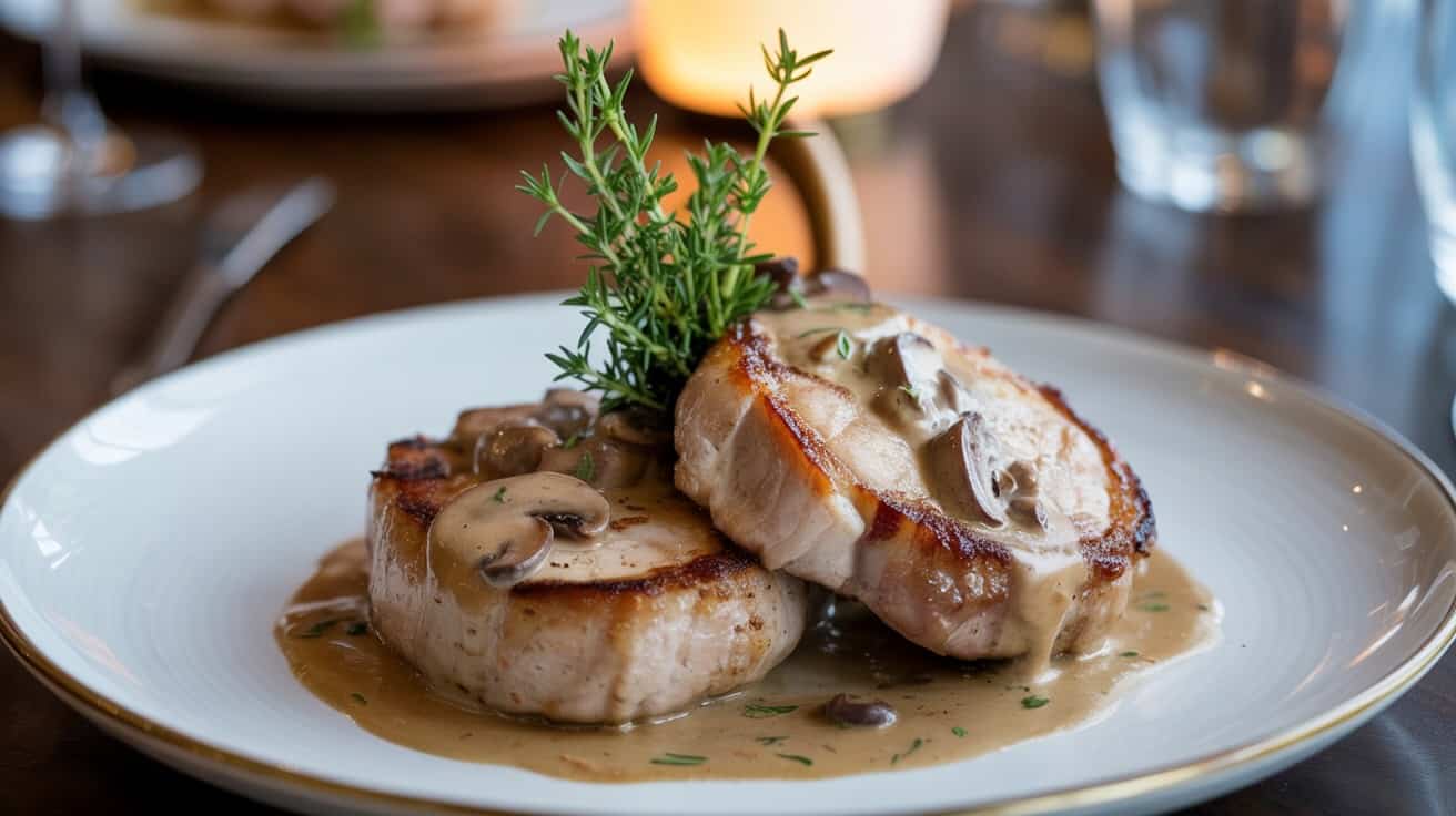 Juicy pork chops with creamy mushroom sauce on a white plate