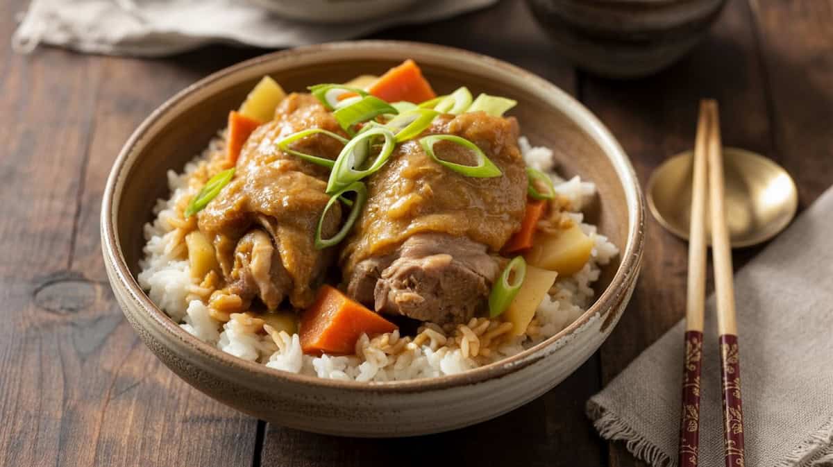 Japanese Coconut Curry Braised Pork Thighs served with rice and garnished with green onions