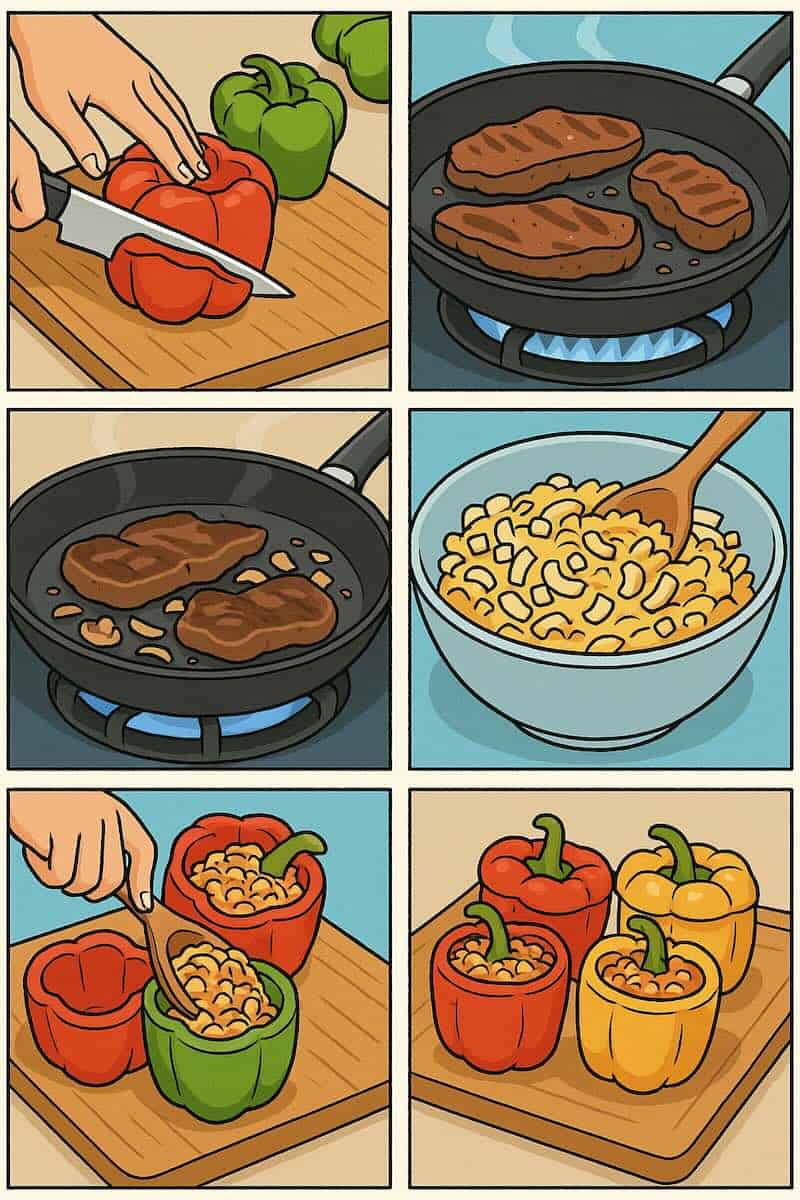 Six step visual guide showing how to prepare keto Philly cheesesteak stuffed peppers from cutting peppers to final baked dish