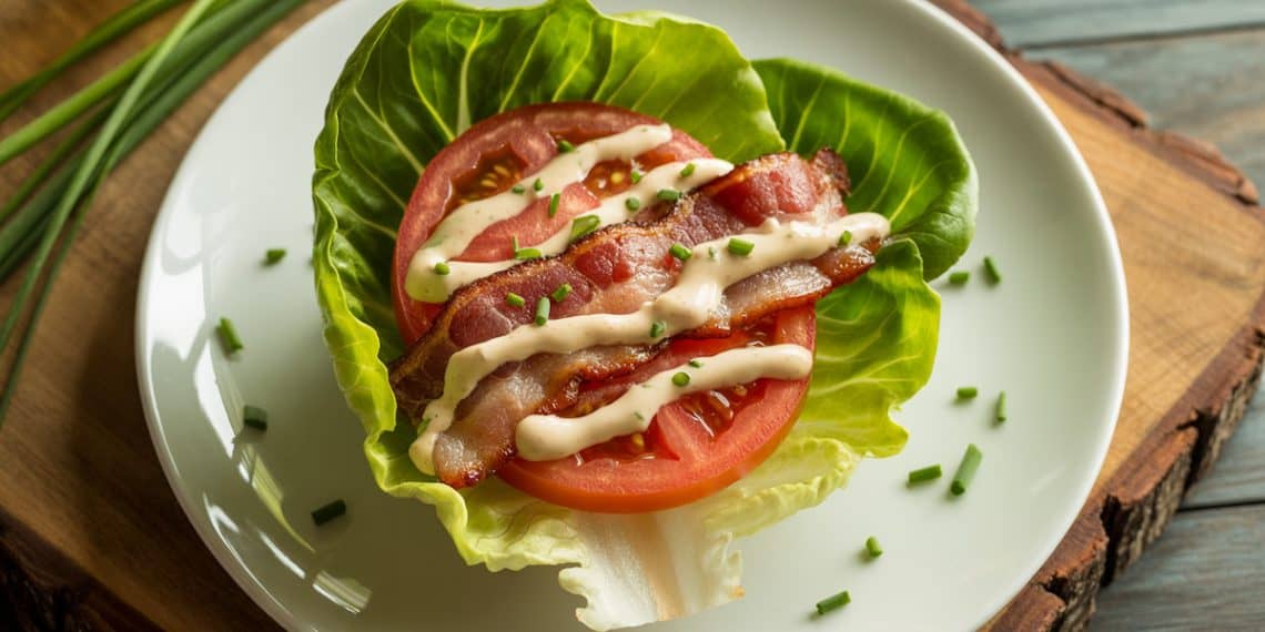 Keto BLT lettuce wraps on white plate with crispy bacon, fresh tomatoes, and butter lettuce cups drizzled with herb mayo