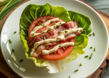 Keto BLT lettuce wraps on white plate with crispy bacon, fresh tomatoes, and butter lettuce cups drizzled with herb mayo