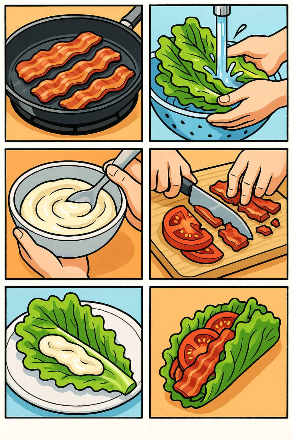 Six-panel comic style tutorial showing how to make keto BLT lettuce wraps from cooking bacon to final assembly