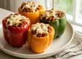 Keto Philly cheesesteak stuffed peppers with melted provolone cheese and seasoned beef filling on white plate