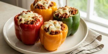Keto Philly cheesesteak stuffed peppers with melted provolone cheese and seasoned beef filling on white plate