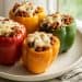 Keto Philly cheesesteak stuffed peppers with melted provolone cheese and seasoned beef filling on white plate