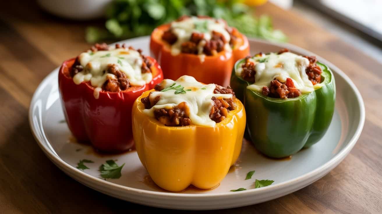 Keto Philly Cheesesteak Stuffed Peppers on a white plate