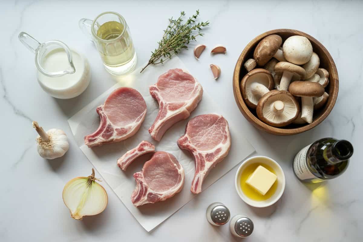 All ingredients for pork chops with mushroom sauce recipe laid out on marble counter including raw pork chops, fresh mushrooms, cream, and herbs