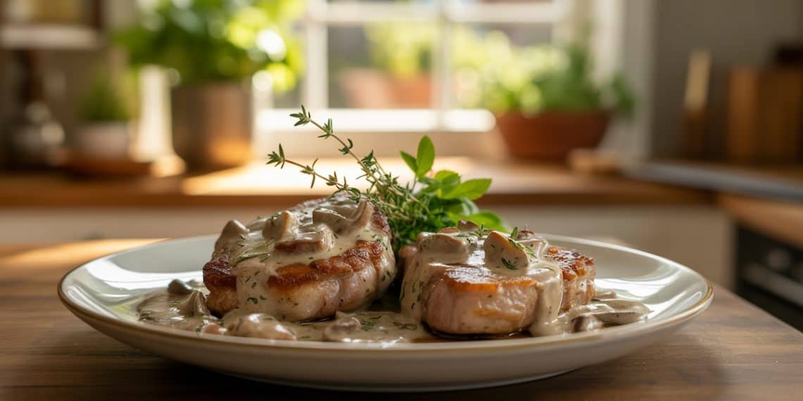 Juicy pork chops with creamy mushroom sauce on a white plate