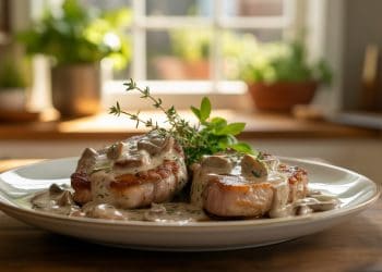 Juicy pork chops with creamy mushroom sauce on a white plate