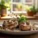 Juicy pork chops with creamy mushroom sauce on a white plate