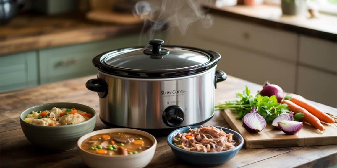 Collection of 31 easy slow cooker recipes including chicken and dumplings, beef stew, and pulled pork for busy weeknight dinners