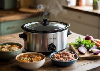 Collection of 31 easy slow cooker recipes including chicken and dumplings, beef stew, and pulled pork for busy weeknight dinners