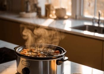Cozy modern kitchen at sunset, steam rising from a slow cooker on marble counter, warm golden light streaming through window, creating an inviting atmosphere