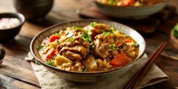 Japanese Coconut Curry Braised Pork Thighs served in a rustic bowl over white rice